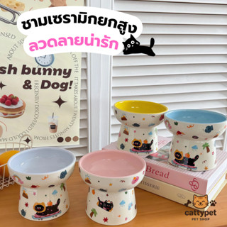 Cattypet ชามเซรามิกยกสูงลายน้องเเมว ชามเซรามิกใส่อาหารสัตว์เ…