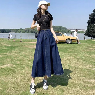 S-5XL กระโปรงยีนส์หญิงสีน้ำเงินเข้ม ยาวมิดิทรงเอ เอวแบบยืดหยุ่นบางส่วน