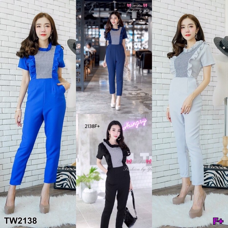 P2138 Jumpsuit ขายาวแต่งลายสก็อตระบายรอบๆ  <พีแฟชั่น ส่งไว> เสื้อผ้าแฟชั่นพร้อมส่ง