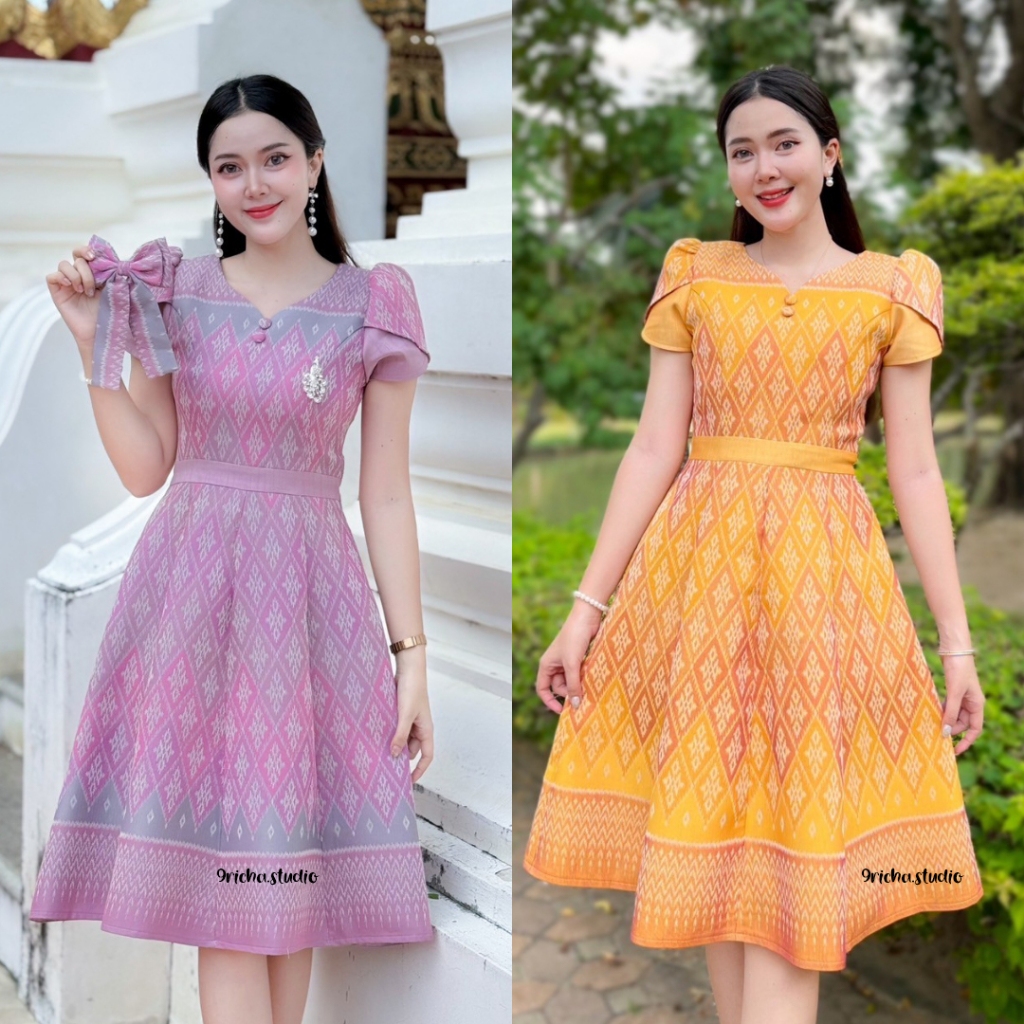 (แถมฟรีโบว์ติดผม)เดรสผ้าไทย เดรสผ้าทอลายมัดหมี่ดอกพิกุลสีชมพูกลีบบัวและเหลืองมัสตาร์ดกระโปรงทรงย้วยอัดกาวทั้งชุด(RC0022)