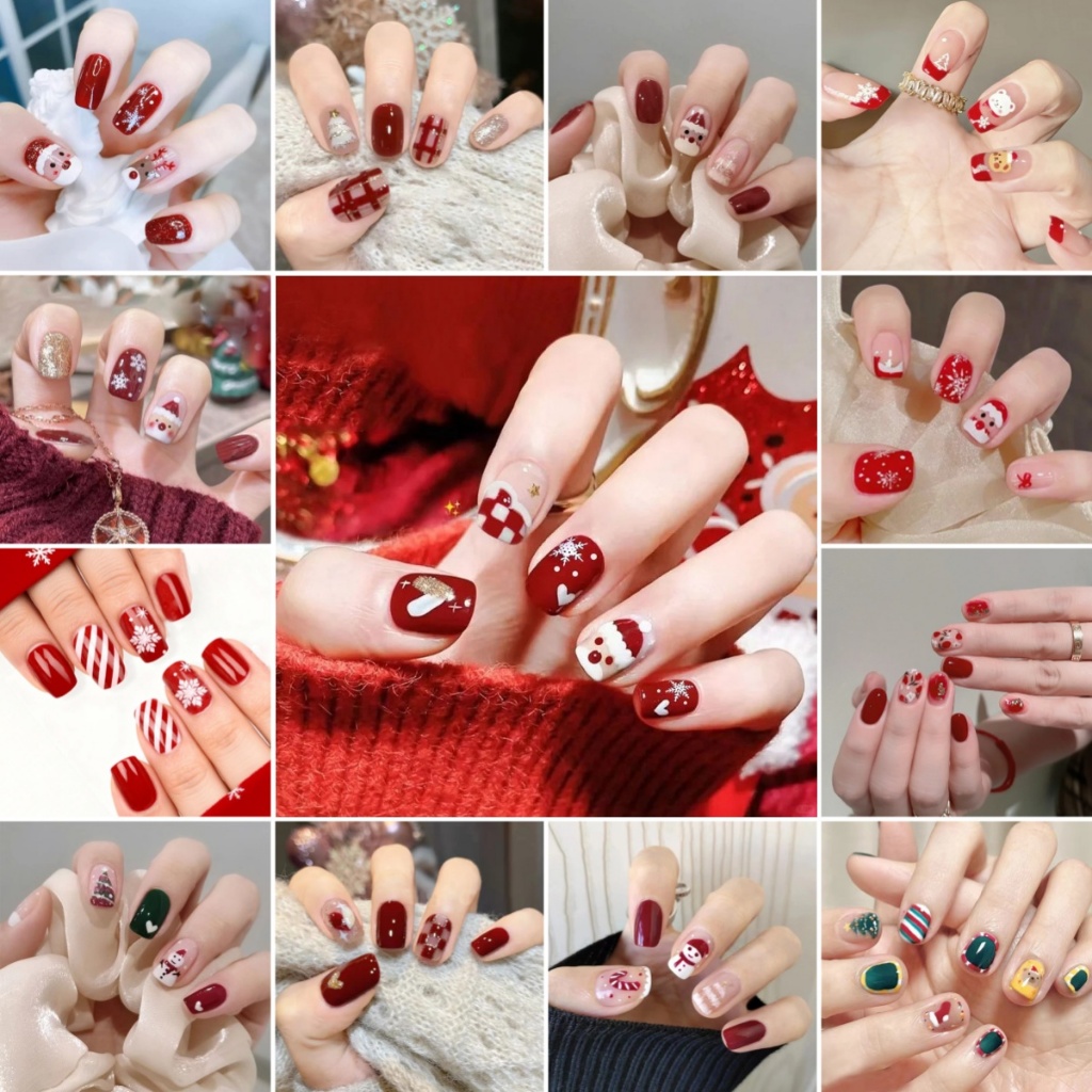CICI 3032 คริสมาสต์เล็บปลอม ปีใหม่สีแดง แฟชั่นเล็บปลอม กันน้ำ 24 ชิ้น