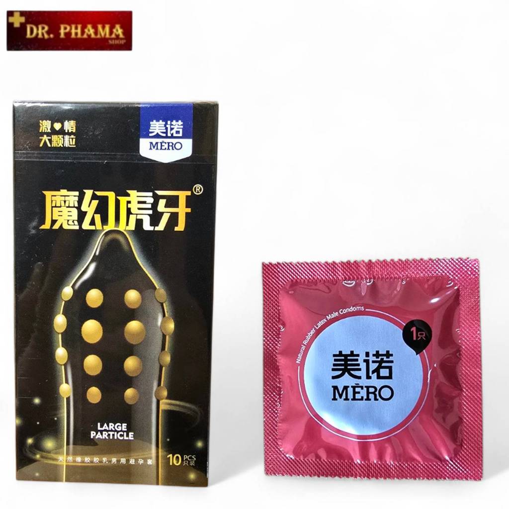 ถุงยางอนามัย ตรา MERO condom ขนาด 52mm รุ่น Large Particle unsmooth surface ปุ่มใหญ่ ผิวไม่เรียบ กล่องดำ ซองแดง