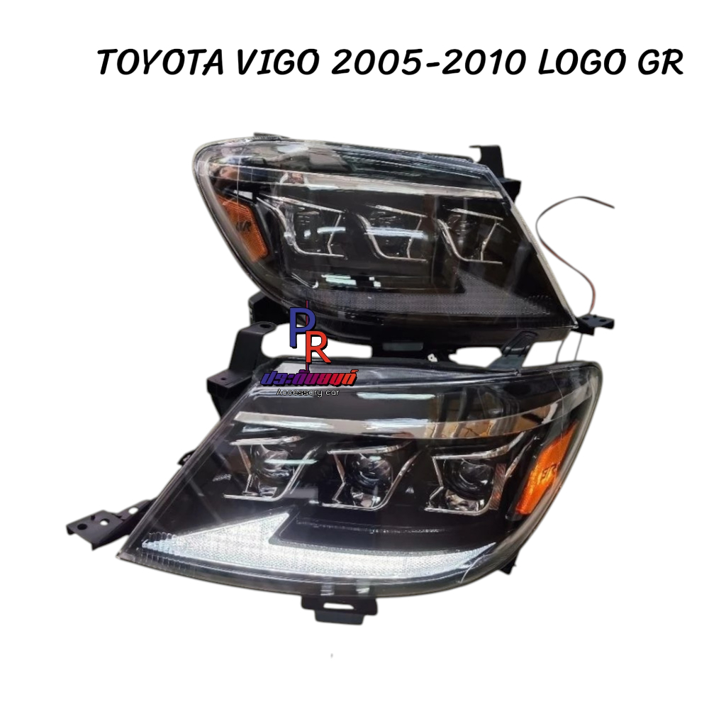 ไฟหน้า Toyota Vigo เก่า 2005-2010  ลาย laxus โปรเจคเตอร์ 3ดวง  LED ไฟหรี่ ไฟเลี้ยววิ่ง