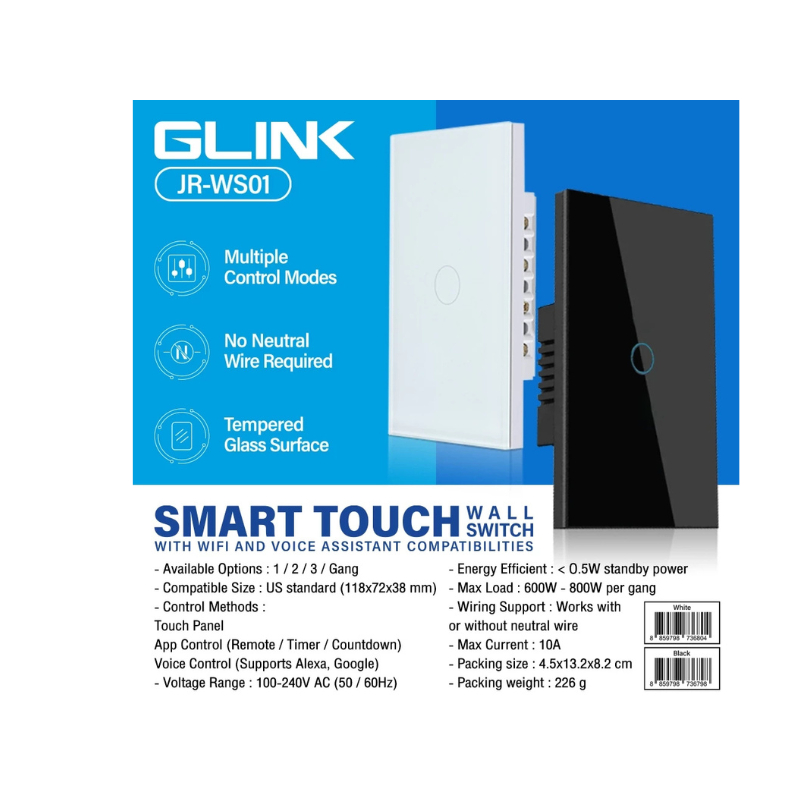 Glink JR-WS สวิทช์ไฟสมาร์ททัช – ควบคุมผ่านมือถือ รองรับ Alexa/Google Home