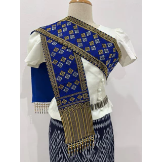 สไบขิดลาว ผ้าสไบลาว สไบ ผ้าสไบ อัดกาว ผ้าเบี่ยง แบบชายลูกปัดตุ้งติ้ง ผ้าไหม ผู้หญิง เสื้อผ้า