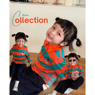 เสื้อเด็ก เสื้อแขนยาว ลายทางสีส้มตัดสีเขียว ปักอกน้องหมาเนื้…