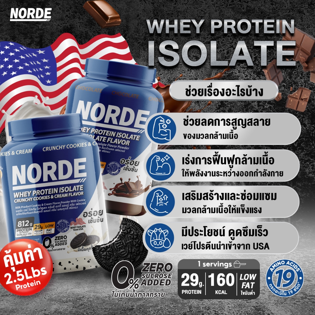 (กระปุกใหญ่ 2.5ปอนด์) Norde Whey Protein Isolate เวย์โปรตีน ไอโซเลท อร่อยเข้มข้น รสคุกกี้แอดน์ครีม/ช็อกโกแลต น้ำตาล0% รูปที่ 2