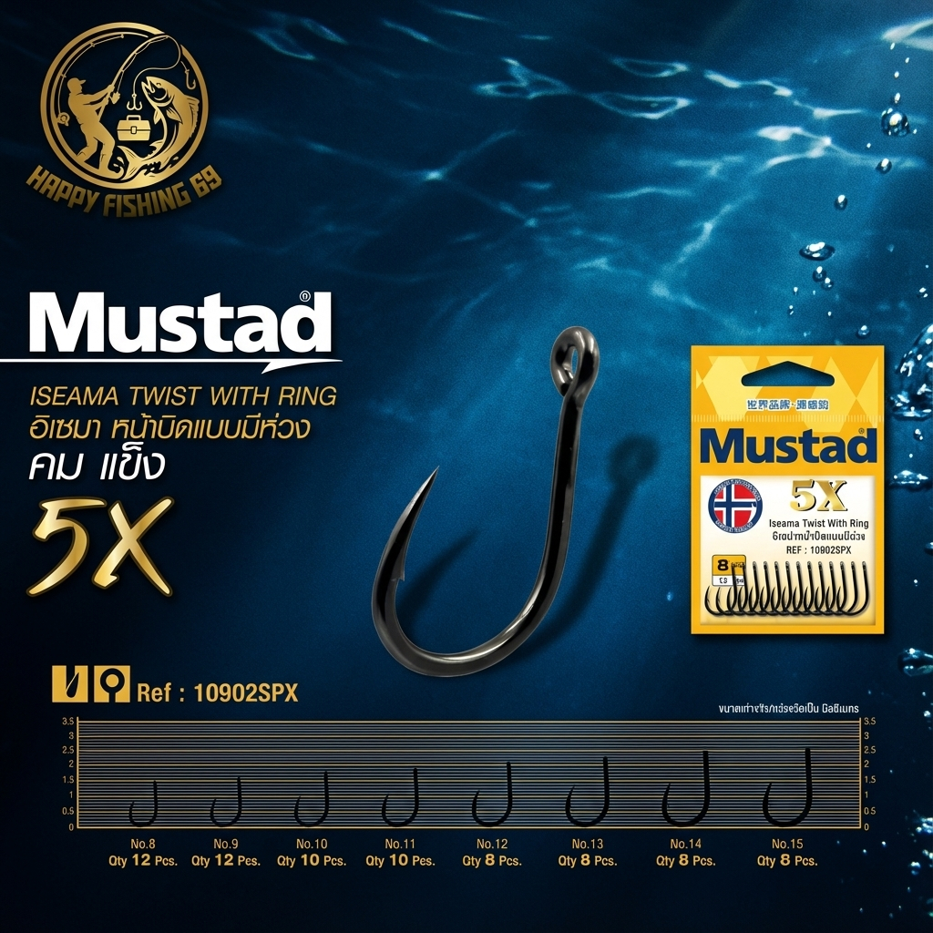 [item010] ตะขอเบ็ด อิเซมะ (ตูดห่วง) MUSTAD (5X) เบอร์ 8 ถึง เบอร์ 15
