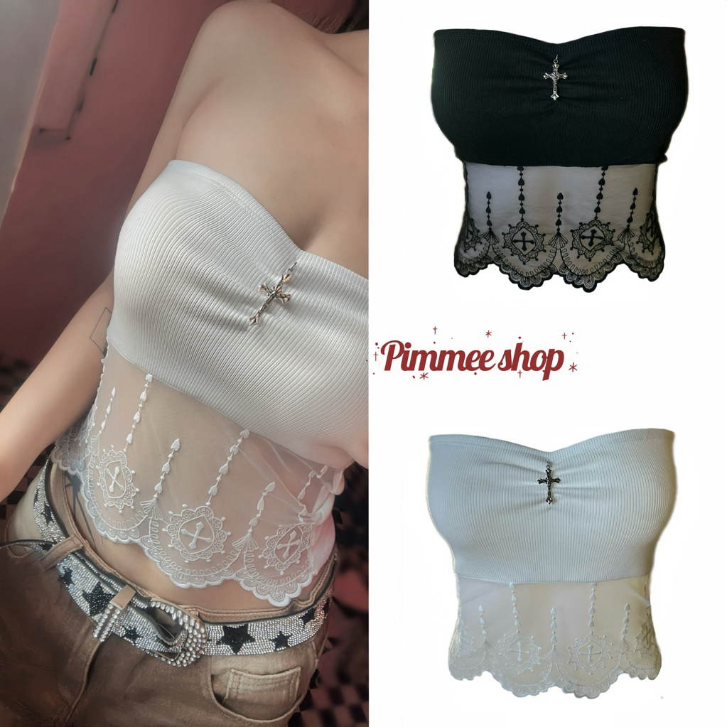 เสื้อเกาะอก แต่งลูกไม้ ปักจี้ไม้กางเขนเท่ๆ