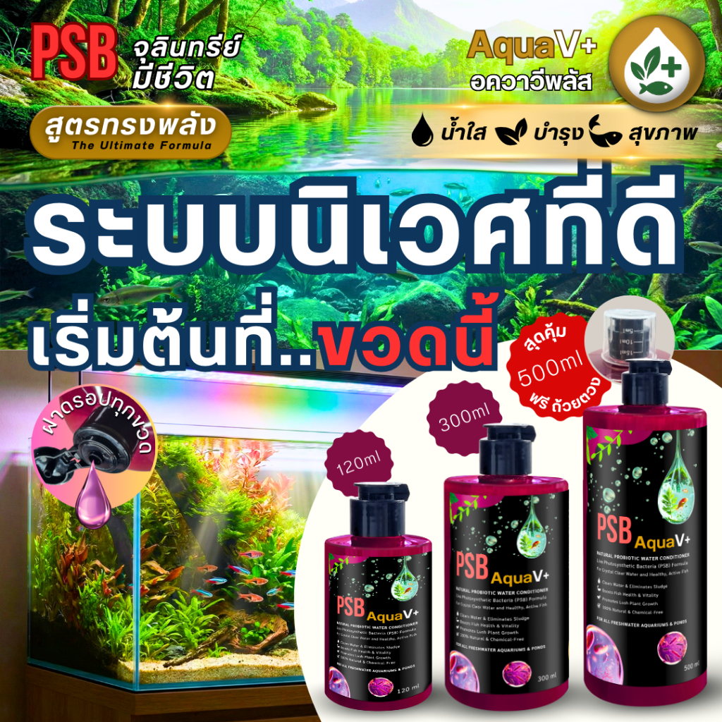 PSB AquaV+ (อควาวี พลัส) จุลินทรีย์มีชีวิต สูตรทรงพลัง น้ำใสสะอาด บำรุงพืช เสริมสุขภาพสัตว์น้ำ