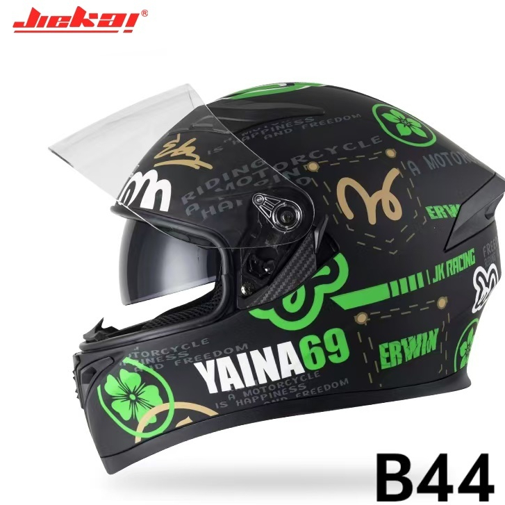 JIEKAI หมวกกันน็อค แว่น2ชั้น เต็มใบ ชิวใส รุ่น B44 ลายไยน่า กรีน (Yaina Green) (Size:M L XL)