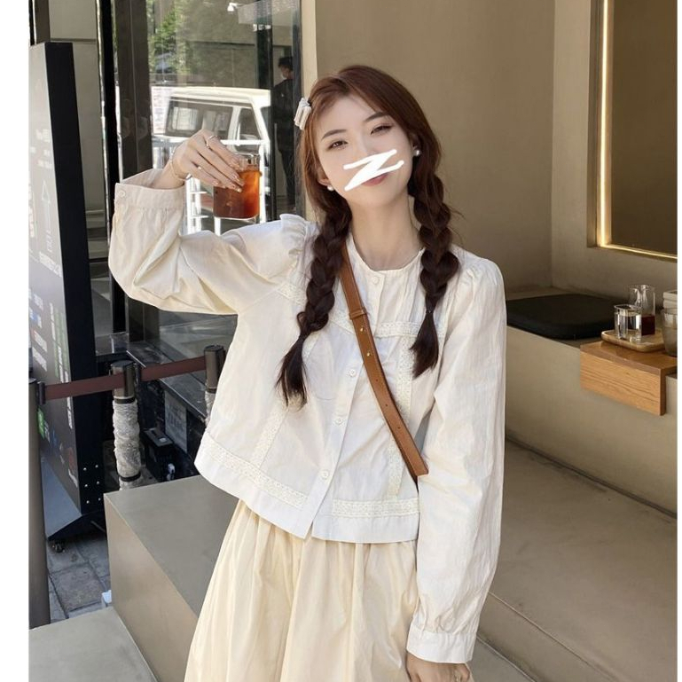🌈vicky🌈ลูกไม้ คอกลม ประกบ สีทึบ แขนยาว เสื้อเชิ้ต แฟชั่น สไตล์ใหม่