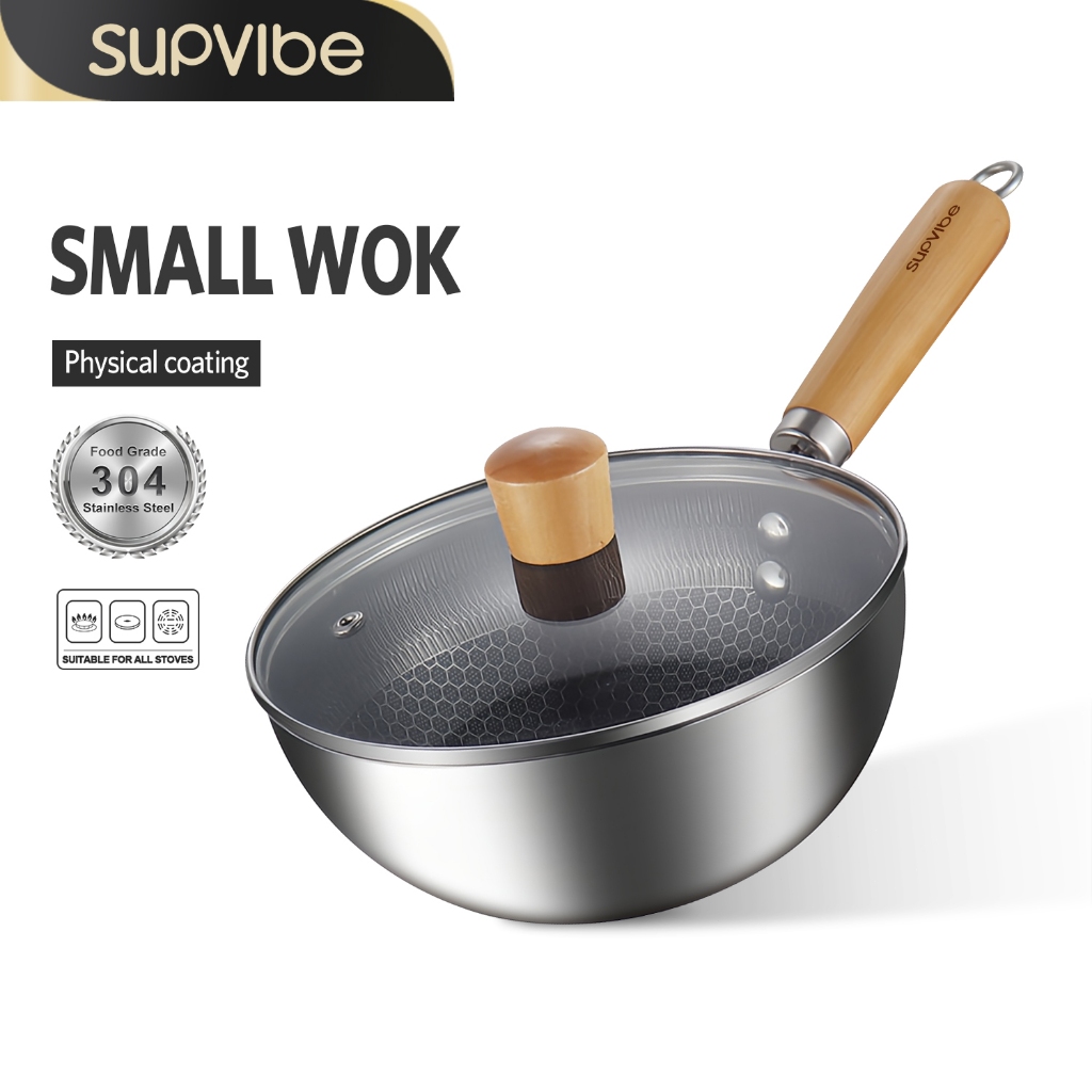 SUPVIBE กระทะรังผึ้งสแตนเลส กระทะผัด มีที่จับ กระทะไม่ติด 100%  ร้อนเร็ว กระทะก้นลึก ทำความสะอาดง่าย สำหรับห้องครัว
