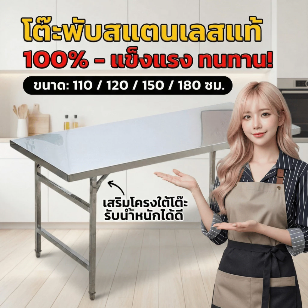 โต๊ะพับสแตนเลส โต๊ะพับได้ ขนาดยาว110,120,150,180 ซม. สแตนเลสแท้100% เสริมโครงใต้โต๊ะ แน่นหนา แข็งแรง พร้อมส่งในไทย