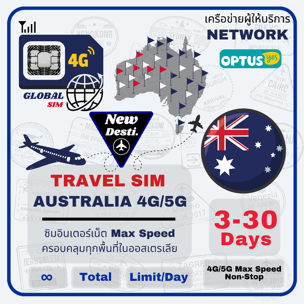 Australia SIM ซิมออสเตรเลีย Optus 4G/5G Max speed data