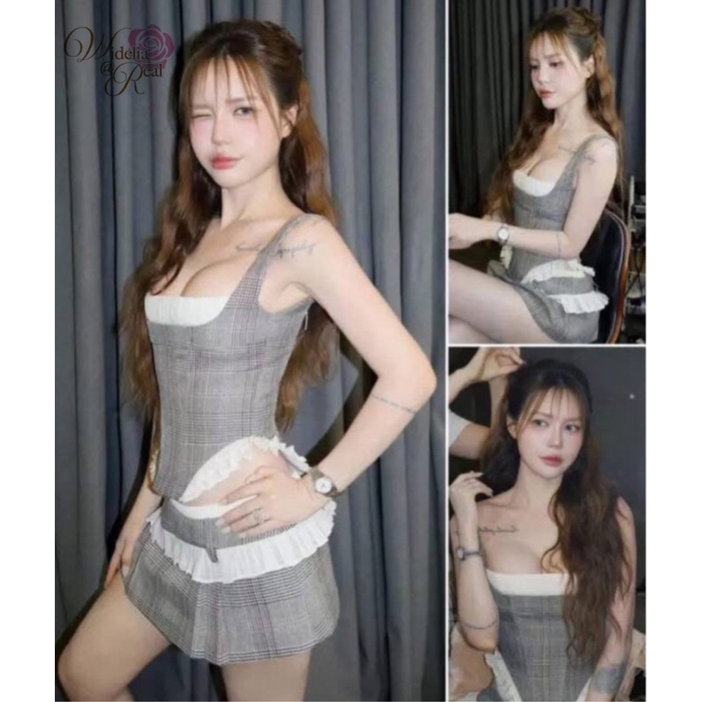 Widelia Set เสื้อสายเดี่ยว+กระโปรงเอวต่ำ เสื้อด้านหลังร้อยเชือกผูกโบว์
