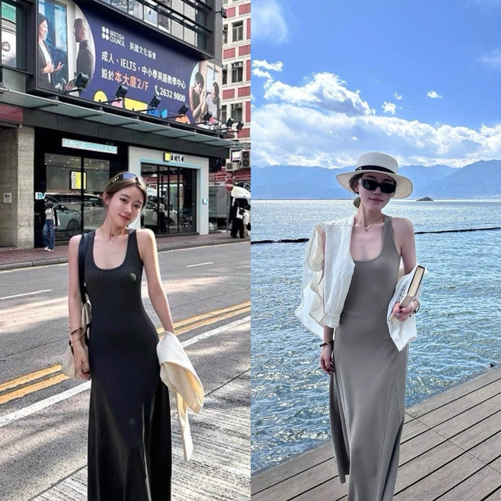 6733# เดรสยาวคอเหลี่ยม เนื้อผ้ายืดหยุ่นอย่างดี  TAG: Y.JIA STUDIO 🇰🇷