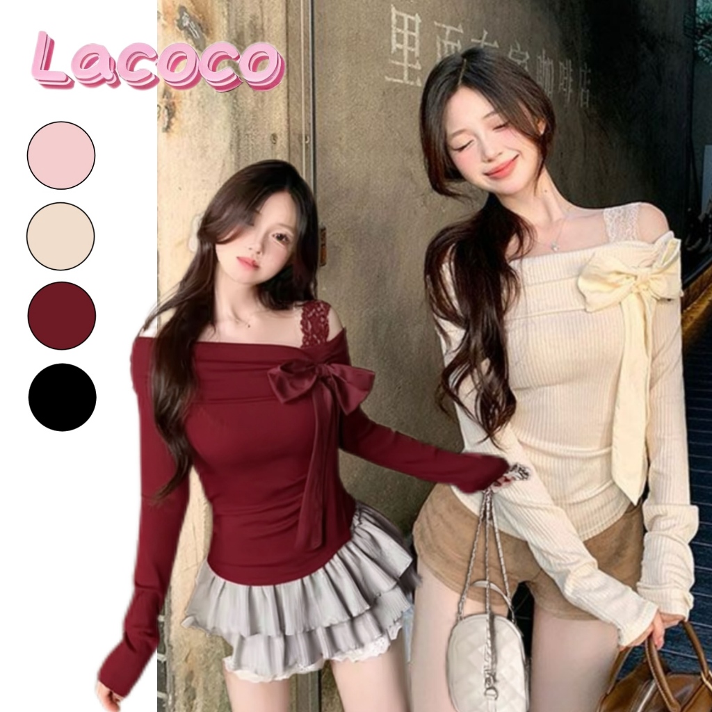 Lacoco🍓คลังสินค้าพร้อม🍓เสื้อเปิดไหล่ผูกโบว์แขนยาวหวานๆ สำหรับผู้หญิงในฤดูใบไม้ผลิและฤดูใบไม้ร่วง