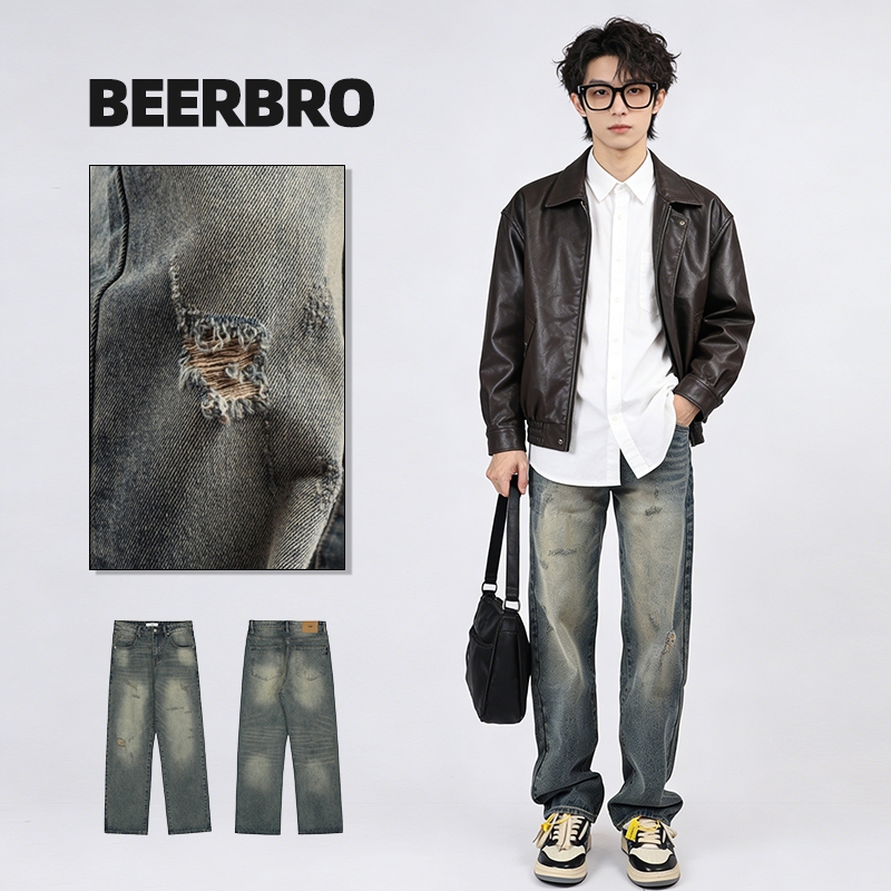 beerbroth-กางเกงยีนส์ชาย ขายาว สีน้ำเงิน ทรงหลวมตรง ขากว้าง สไตล์วินเทจ ไซส์28-35 ทรงกระบอกใหญ่ baggy jeans
