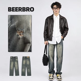 beerbroth-กางเกงยีนส์ชาย ขายาว สีน้ำเงิน ทรงหลวมตรง ขากว้าง สไตล์วินเทจ ไซส์28-35 ทรงกระบอกใหญ่ baggy jeans