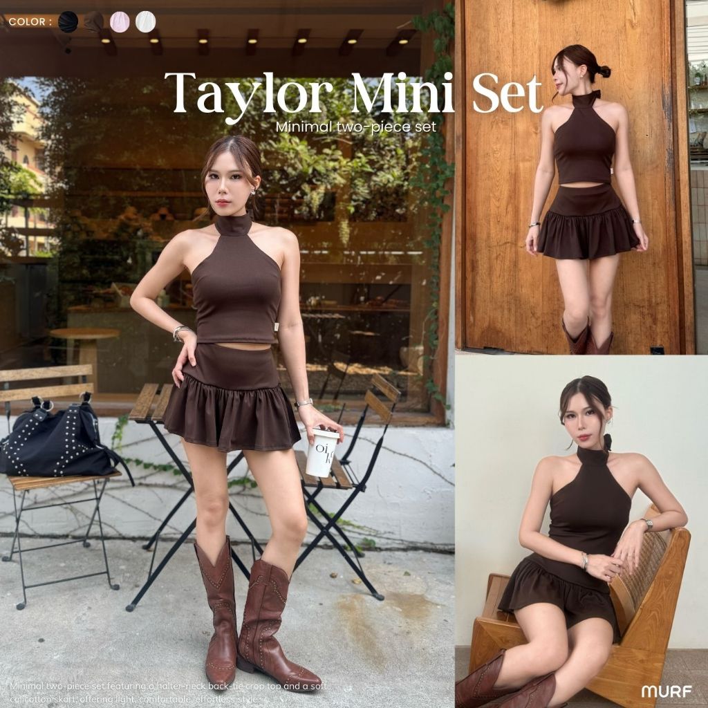 TaylorMini Set - ชุดเซ็ต 2 ชิ้น ดีไซน์เสื้อครอปคอปีนเปิดไหล่ผูกหลังพร้อมกระโปรงสั้นมีซับใน กระโปรงกางเกง Colicotton ผ้าย