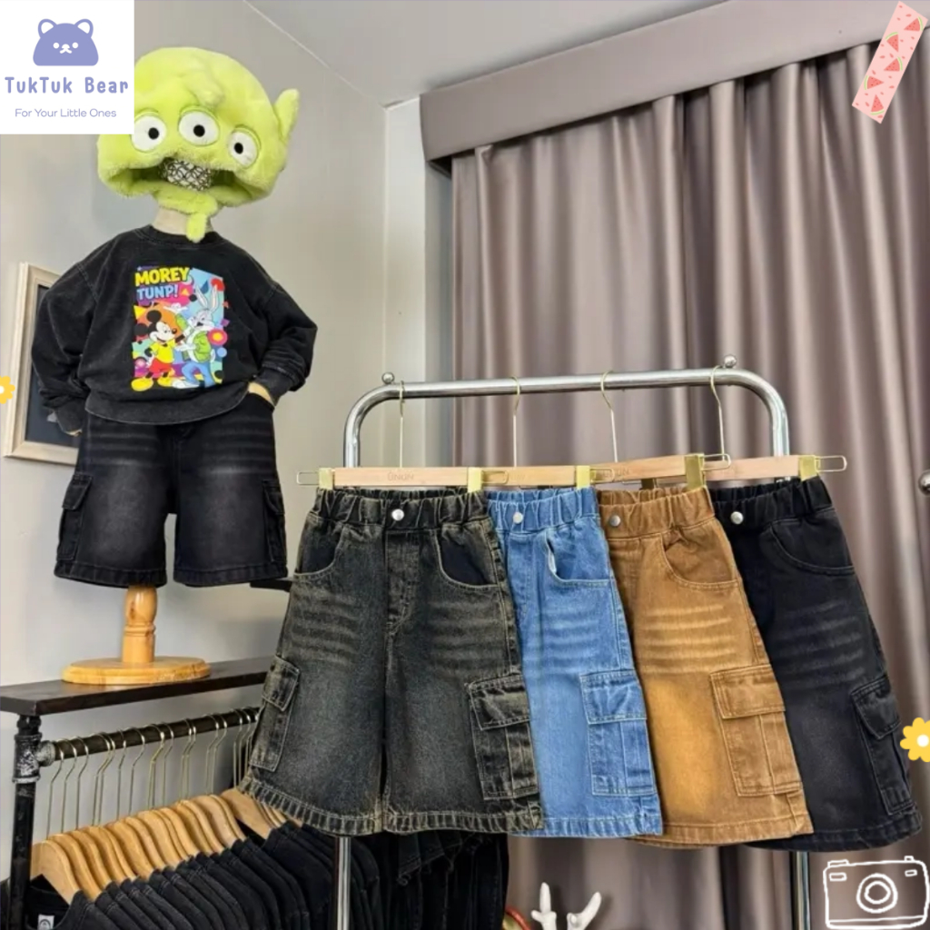 กางเกงยีนส์เด็กชาย กางเกงเด็กขา5ส่วน ทันสมัย ทรงหลวม ขากว้าง รุ่นใหม่