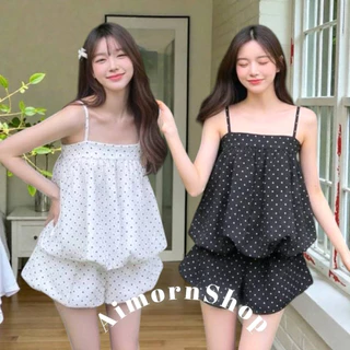 🔥aimorn_shop🔥เสื้อสายเดี่ยวทรงบอลลูน ลายจุด น่ารักมาก ปรับสายได้ ผ้าใส่สบาย