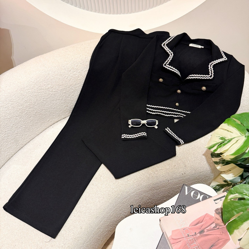 สินค้าพร้อมส่ง Set 2 ชิ้นผ้าวูลเวฟ เสื้อทรงสูทคอปกแขนยาวแต่งกุ้น + กางเกงเอวเรียบสม๊อคหลัง  A7290