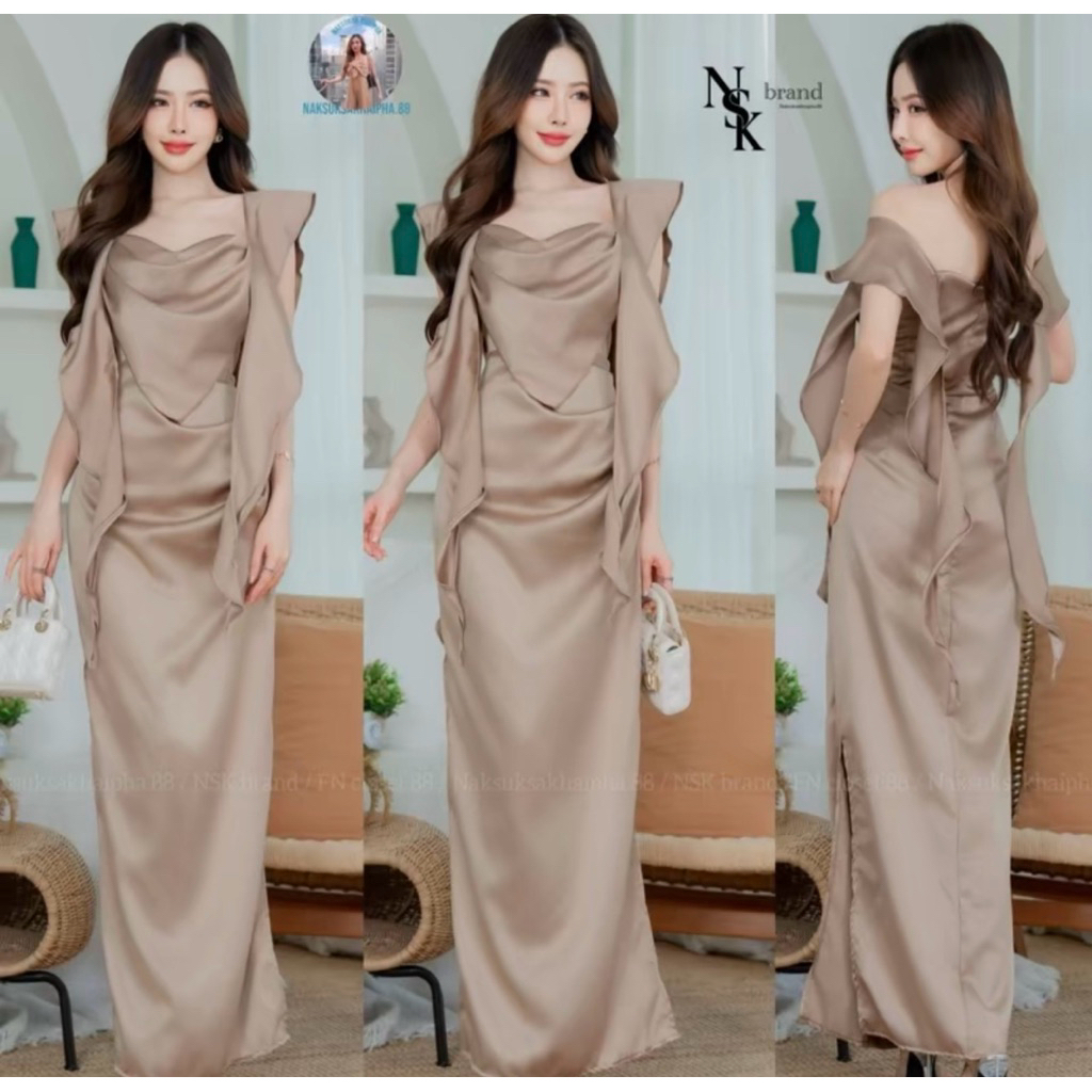 (( รุ่น 3333 )) เดรสราตรี ทรงพรางหุ่น ดีเทลตรงหน้าอก ใช้ผ้า 2 ชั้น ป้าย NSK brand