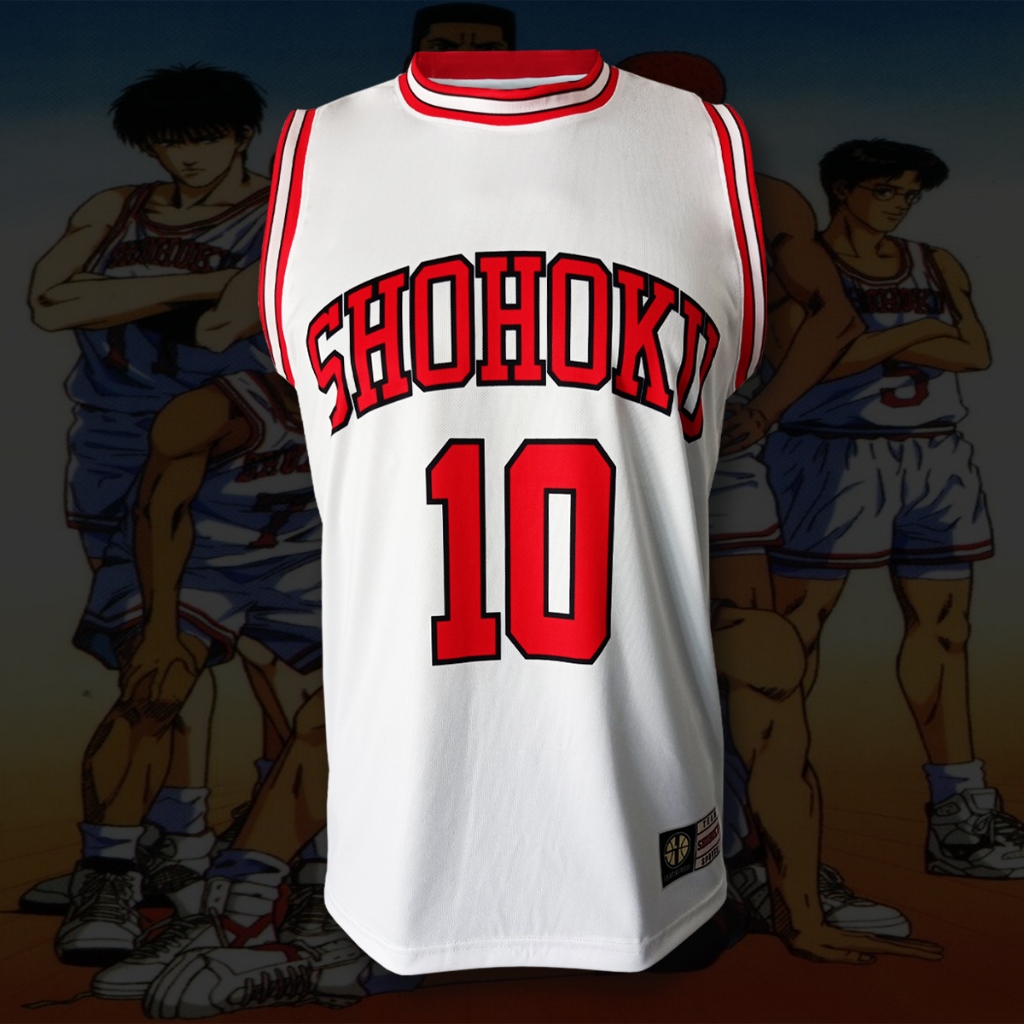 เสื้อบาสเกตบอล การ์ตูนสแลมดั้งค์ ทีม โชโฮคุ รุ่น สีขาว /SAKURAGI#10 พิมพ์ทั้งตัว ไซส์ S-5XL #BK0288
