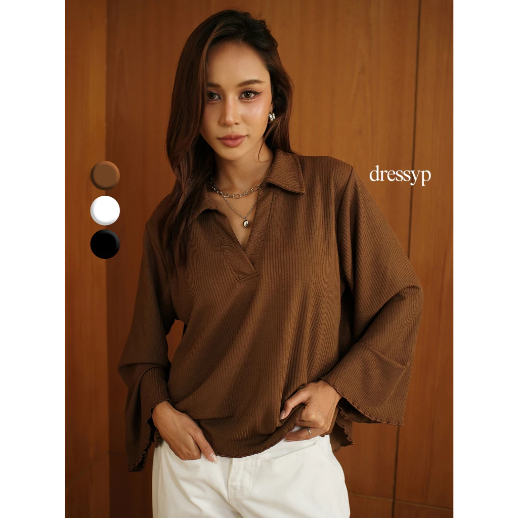 dressyp - Lucy Polo เสื้อโปโลแขนยาวคอวี (V-neck Polo) ทรงหลวม (Oversized Fit) DP361
