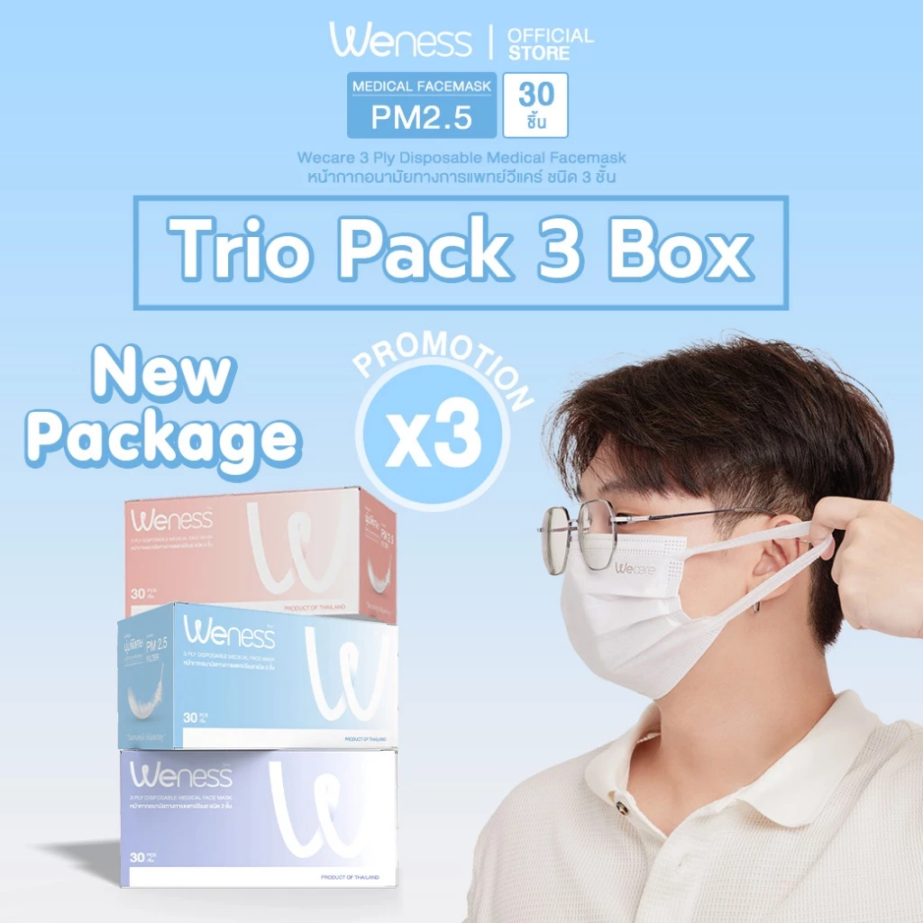 Weness วีเนสหน้ากากอนามัย รุ่นวีเเคร์ (เซ็ต 3 กล่อง) หูหนา นุ่มพิเศษ ไม่เจ็บหู แพ็คแยกซอง อ่อนโยนต่อผิวหน้า