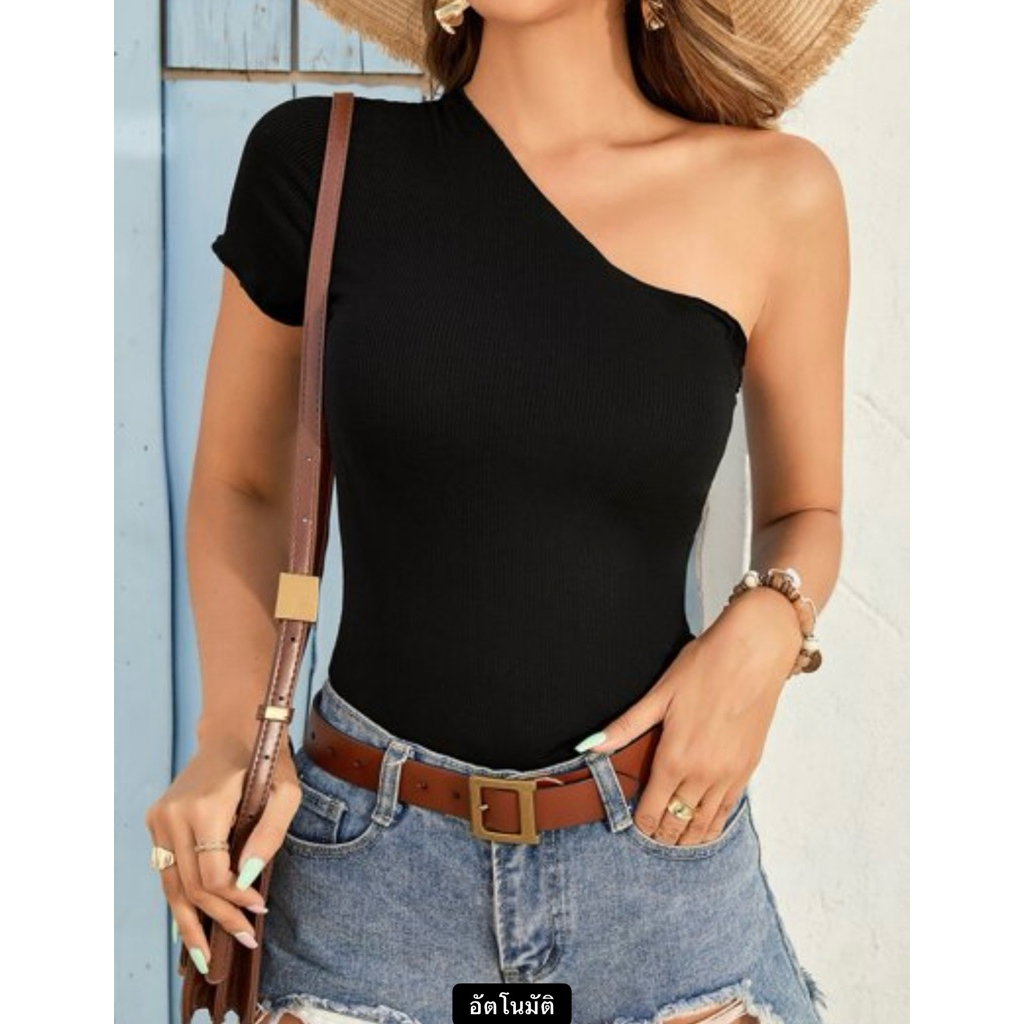 เสื้อแขนสั้นเปิดไหล่ แหวกชายช่วงเอว เสื้อผ้าแฟชั่นผู้หญิง ป้าย Parista