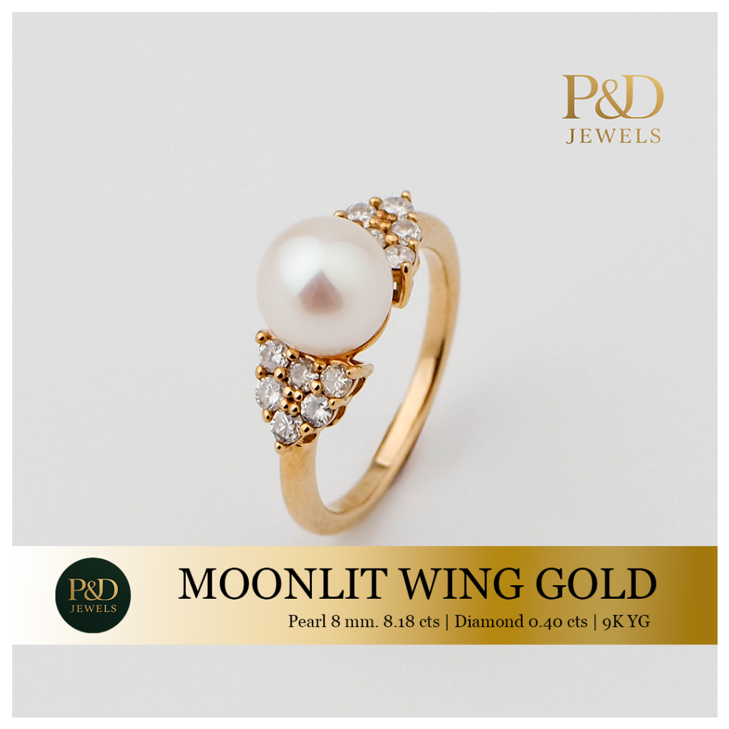 Moonlit wing-gold Ring แหวนมุกประดับเพชรแท้ Pearl Natural ขนาด 8.18ct ทอง 9K by P&D Jewels