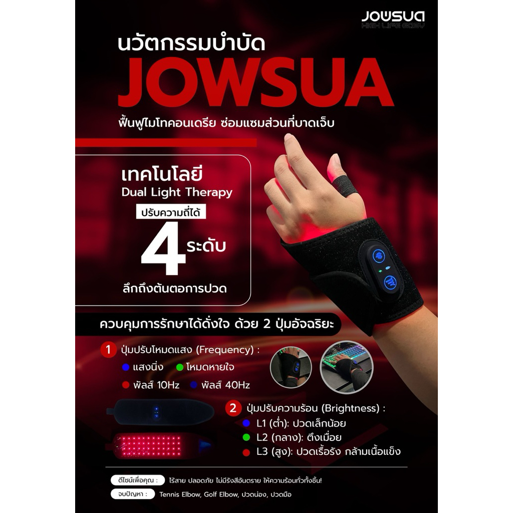 JOWSUA สายรัดบำบัดแสงอินฟราเรด สำหรับข้อมือและมือไร้สาย (Red Light Therapy Hand & Wrist Wrap)