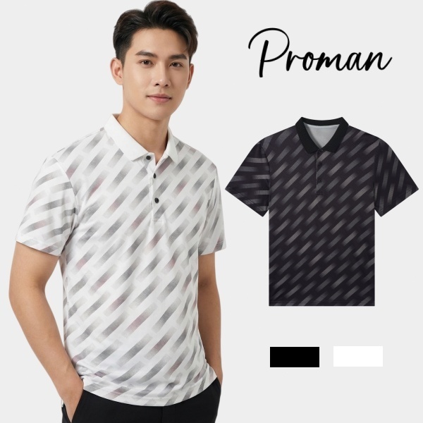 PROMANเสื้อโปโลผู้ชายรุ่นใหม่  ลวดลายเรขาคณิตไล่ระดับสี  ระบายอากาศ  ปกเสื้อ  ใช้ชีวิตประจำวันและพักผ่อ