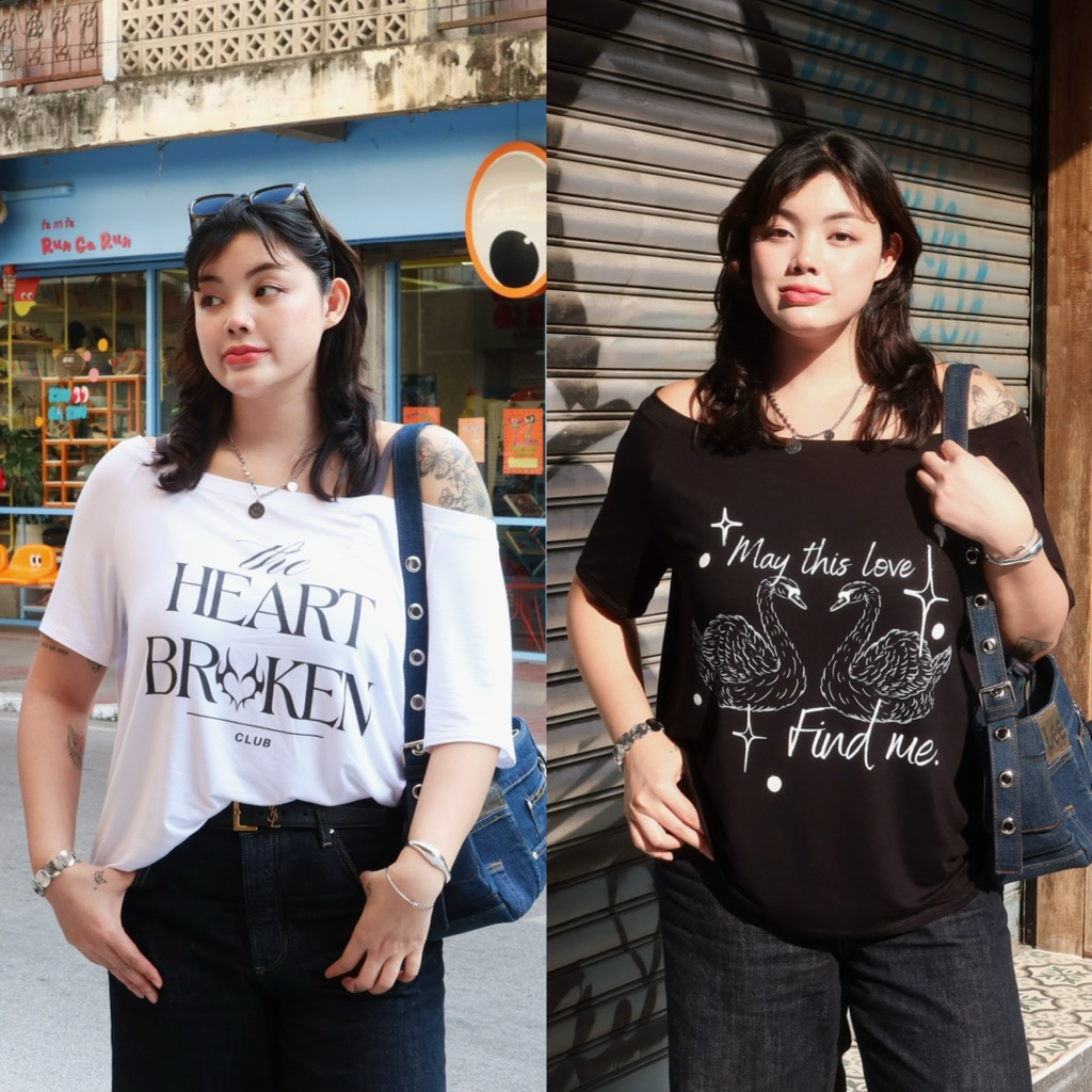 SS Off shoulder top เสื้อยืดปาดไหล่สาวอวบ ผ้ายืด เด้ง สกรีนจมลงเนื้ิอผ้า