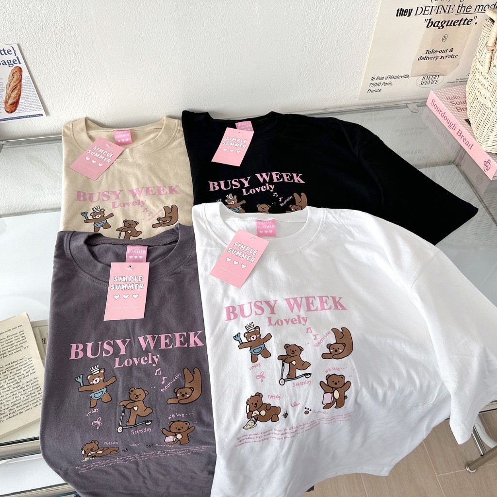 (อก44"ยาว27") S377 เสื้อยืด oversize ผ้าคอตตอน สกรีน หมี busy week