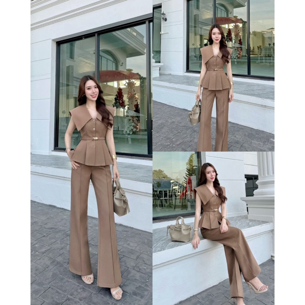 THE CLOSETA : LB587 ชุดเซ็ทเสื้อทรงคอปกใหญ่กระดุมหน้า พร้อมเข็มขัด กางเกงขายาวเข้าชุดผ้าสูท ราคา ถูกที่สุด ดีลบีเคเค แกลเลอรีภาพที่ 5