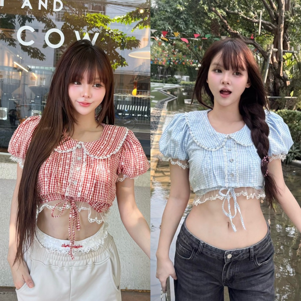 Chugar.Pie : Mai Top 🧸🍰🍓 เสื้อครอปแขนตุ๊กตา เสื้อครอปสก็อตแดง เสื้อครอปสก็อต