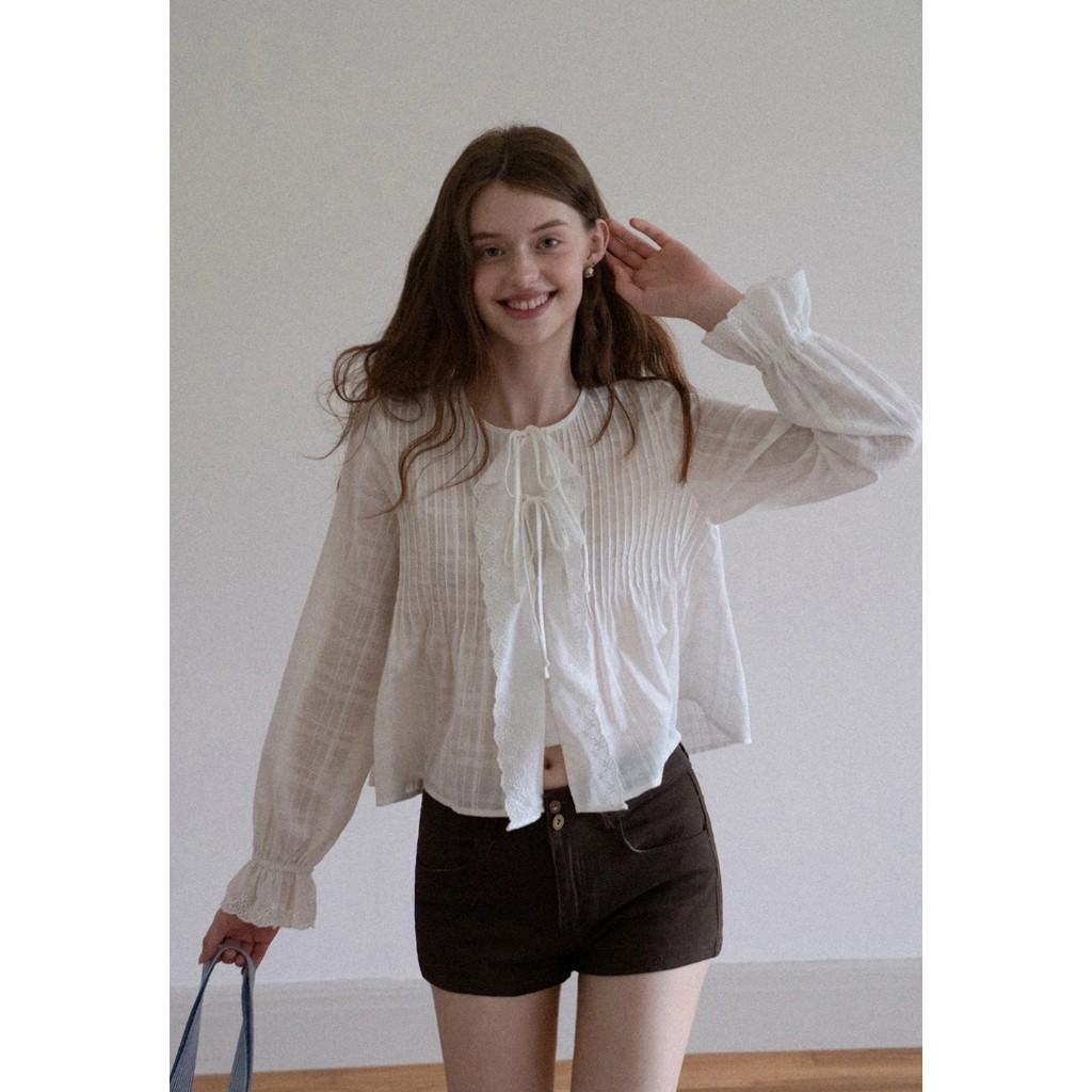 [Preorder] EGGKA : Women's Sheer Lace Tie Front Long Sleeve Blouse