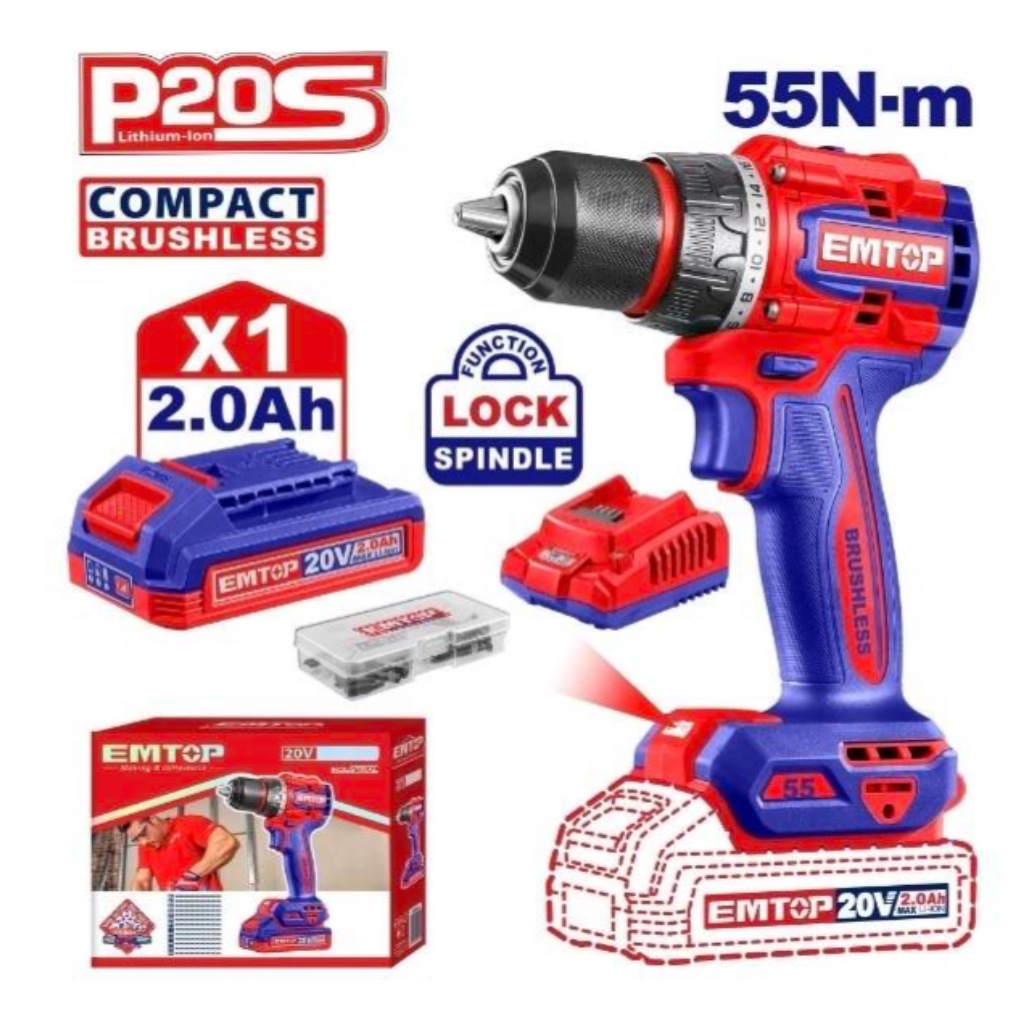 EMTOP สว่านแบตเตอรี่ไร้สาย 20V(55Nm) ครบชุดแบตเตอรี่ แท่นชาร์จ และอุปกรณ์ พร้อมใช้