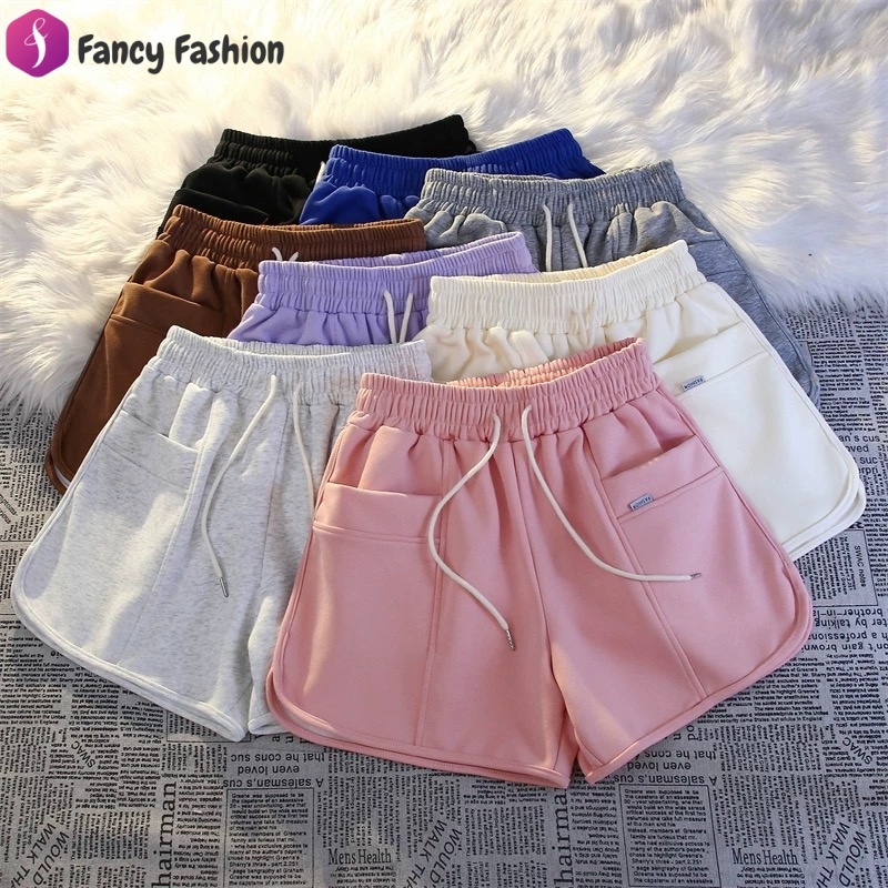 Fancy พร้อมส่ง กางเกงขาสั้นผู้หญิง กางเกงวอร์ม ผ้ายืดใส่สบายๆ ลำลองเอวสูง การออกแบบเชือกรูด สีทึบ เหมาะสําหรับฤดูร้อน