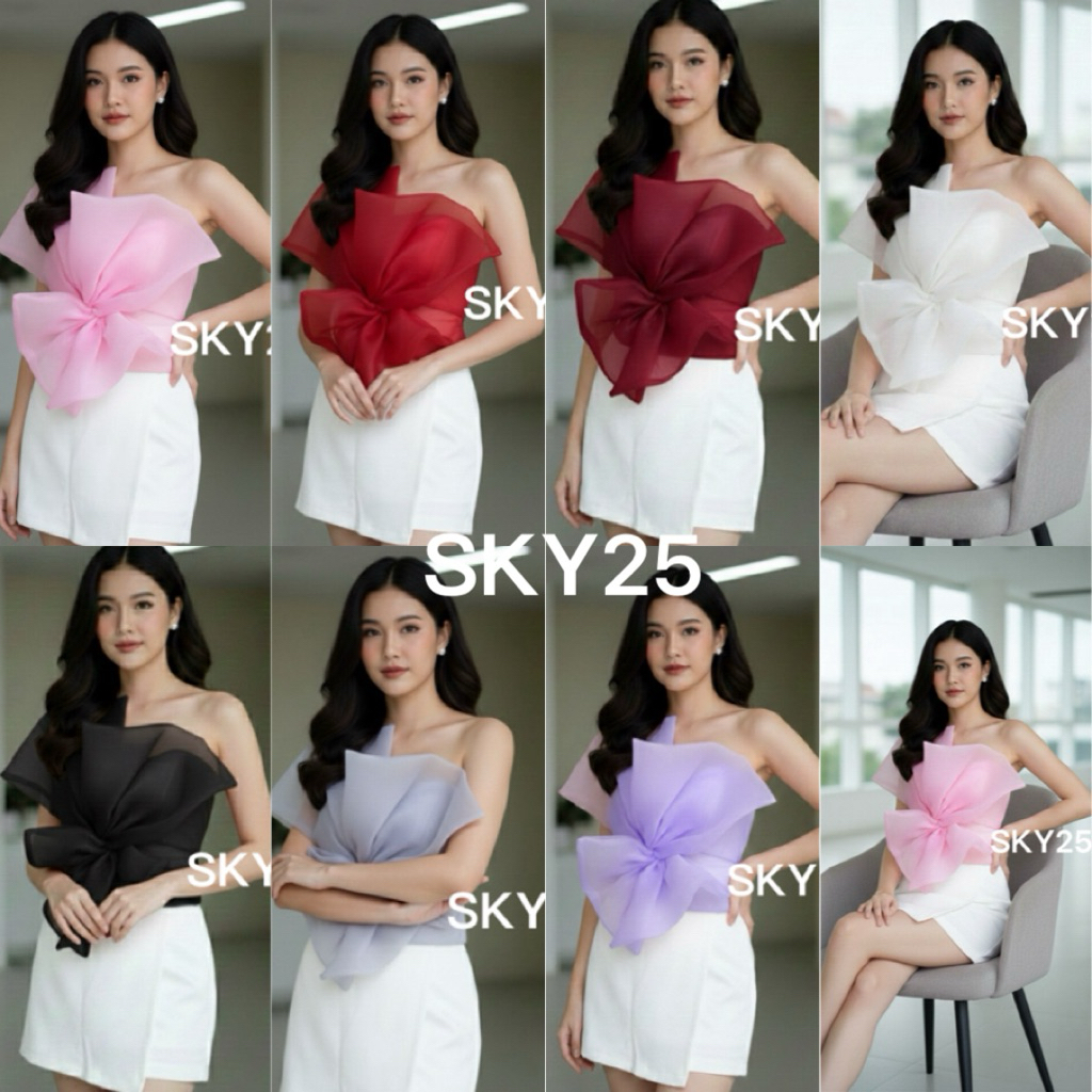 ⭐️SKY25⭐️ พร้อมส่ง #H13 เกาะอกแต่งจีบผ้าแก้ว ใส่ออกงานสวยมาก อก32“-36”