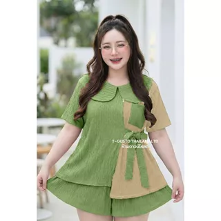 C19ชุดเซตทูโทนแต่งโบว์ขาสั้นสาวอวบ-พลัสไซส์น่ารักรุ่นใหม่ อก 46-54 "ยาว 26" กางเกงเอว 28-50 " สะโพก 58-64" ยาว19"