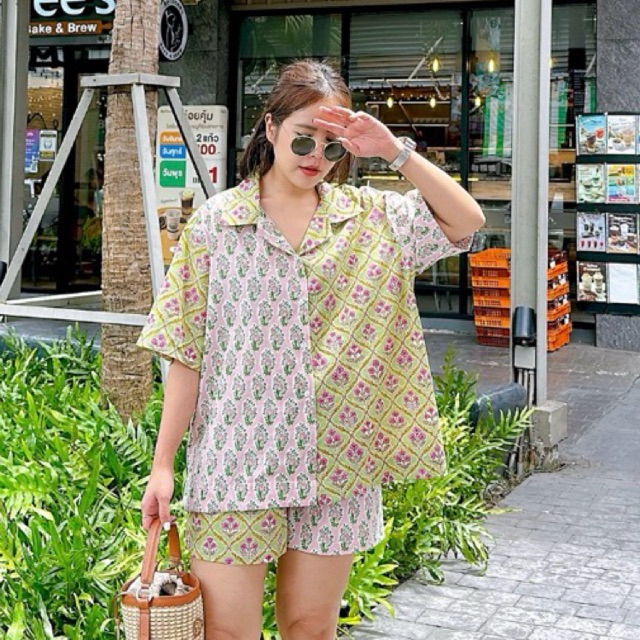✅พร้อมส่ง✅ ชุดเซท Hawaii 2Tone ผ้าคอตตอนอินเดีย เสื้อเชิ้ต แขนสั้น  อก34-48” + กางเกงเอวสม็อค Amcorn