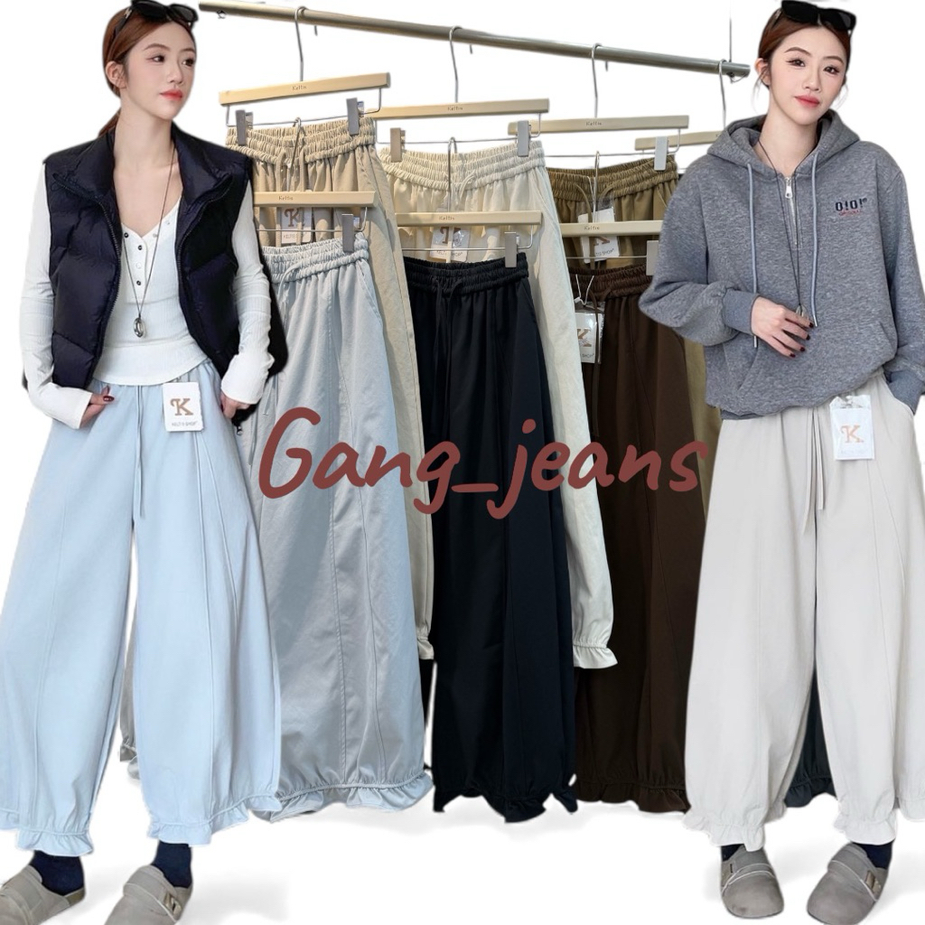 Gang_jeans#9379(K)พร้อมส่ง กางเกงขายาว ผ้ายีนส์ฟอกแต่งปลายระบาย ฟรีไซส์
