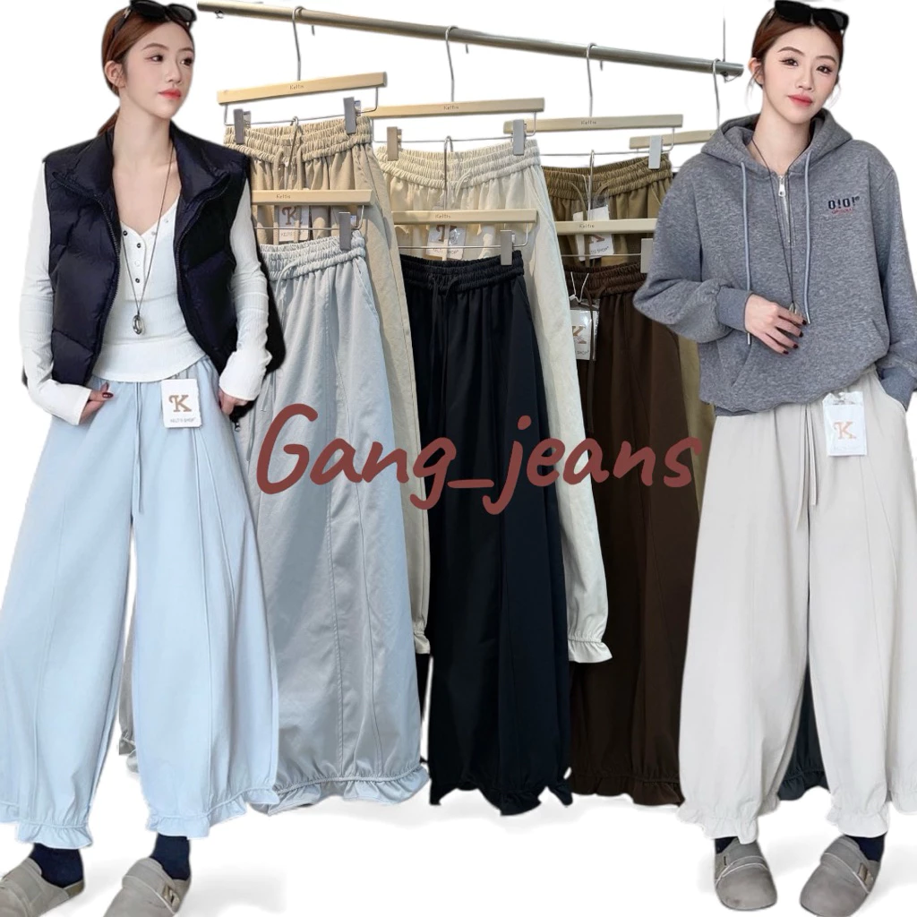 Gang_jeans#9379(K)พร้อมส่ง กางเกงขายาว ผ้ายีนส์ฟอกแต่งปลายระบาย ฟรีไซส์