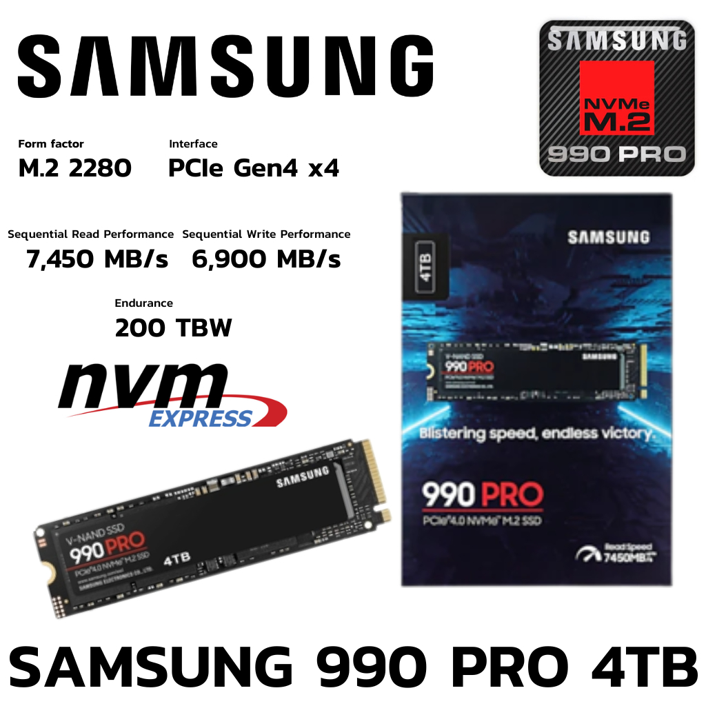 M.2 4 TB SSD (เอสเอสดี) SAMSUNG 990 PRO - PCIe 4x4/NVMe M.2 2280 (MZ-V9P4T0BW)