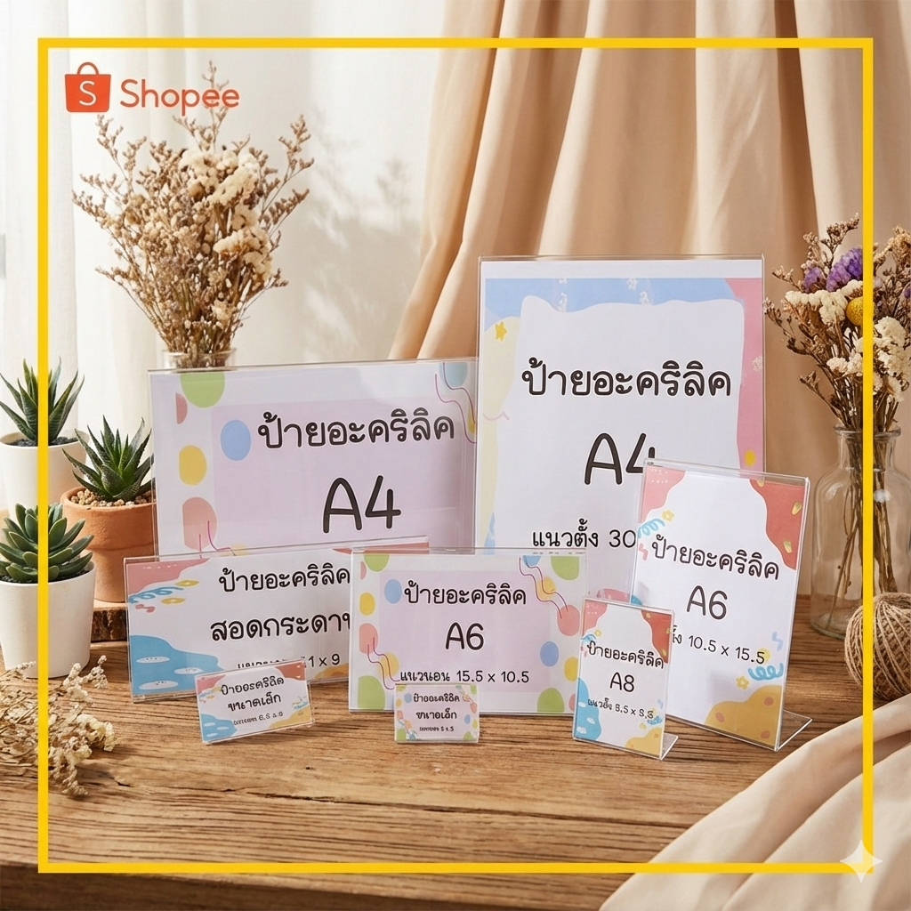 ป้ายอะคริลิคตั้งโต๊ะ  อะคริลิคใส โชว์ 2 ด้าน ทรง T ทุกขนาด